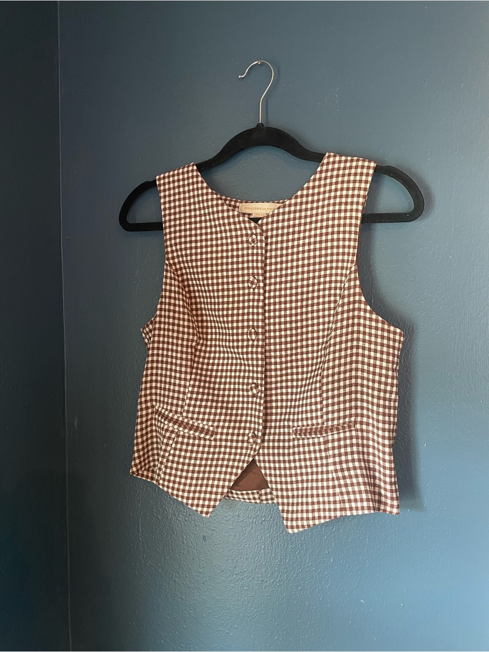 Monteau Brown and White Gingham Button Vest